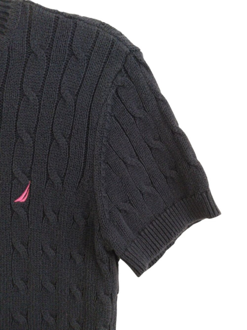 Nautica Navy Cable Knit Short Sleeve Sweater Top with Pink Logo Like New Size S - Picture 4 of 7